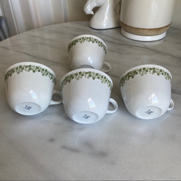 VINTAGE • 70s Avocado Green Tea Cups Mugs Corelle CorningWare Made USA Set of 4 - Picture 6 of 11
